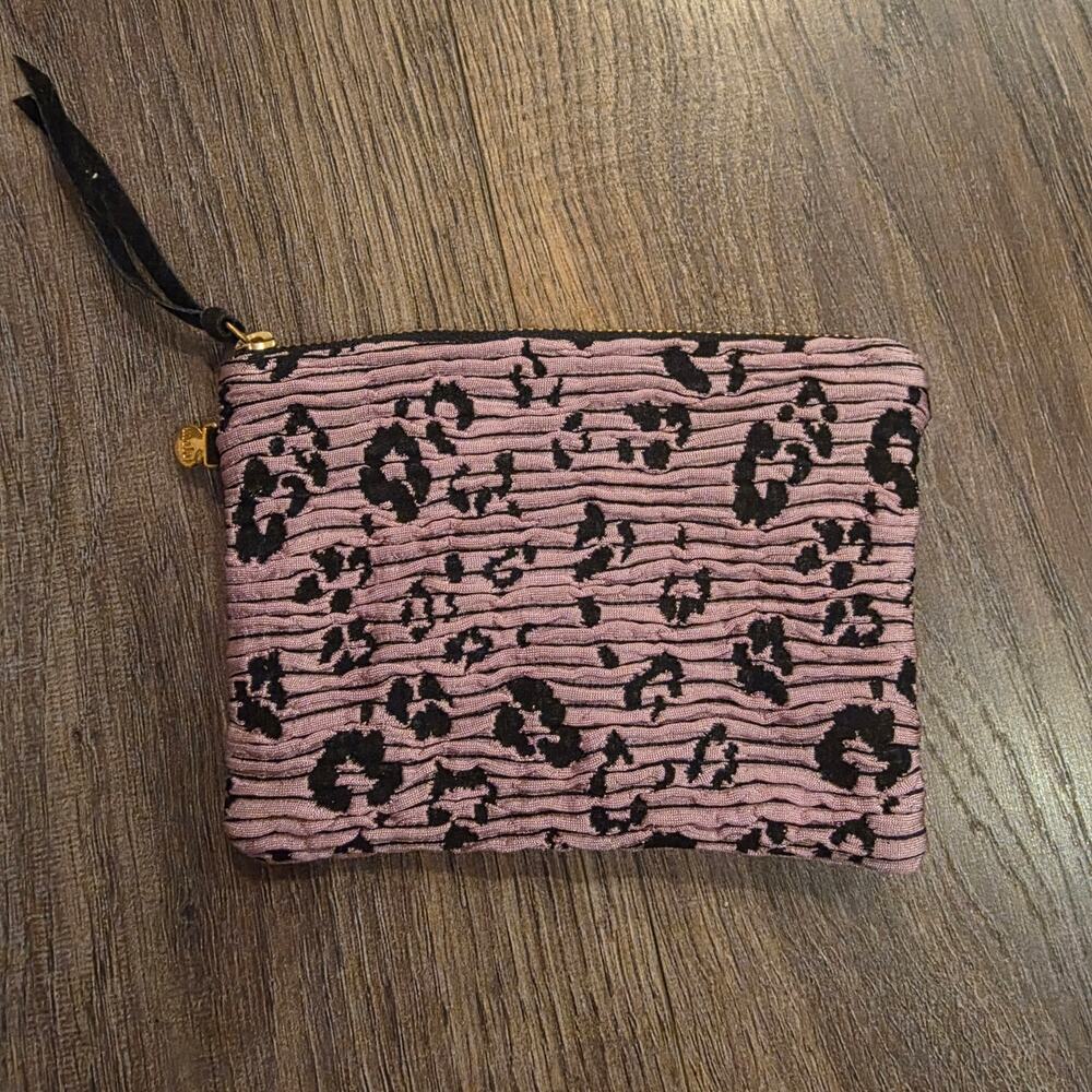 Malai Mauve Pink & Black Leopard Print Textured Zip Pouch Cosmetic Bag